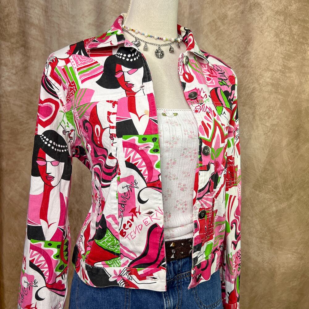 Vintage Y2K Graphic Print Euro Jacket Multicolor Pink Button Up Pop Art Cyber